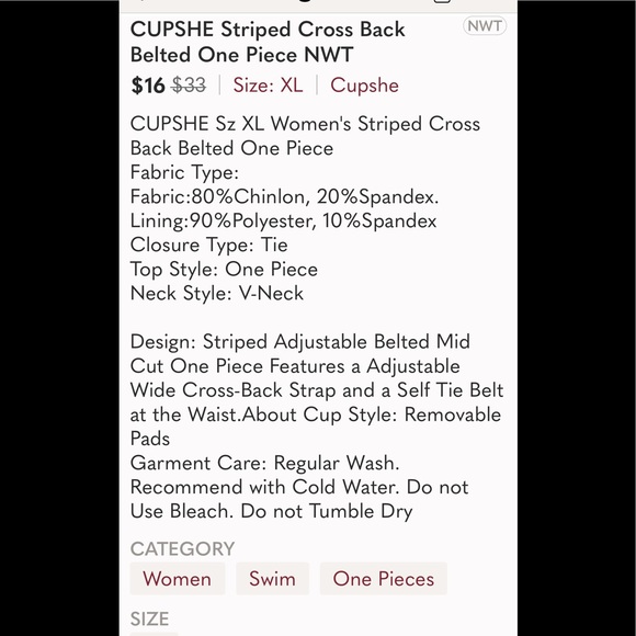 NWT CUPSHE Striped Cross Back Belted One Piece - Picture 7 of 7